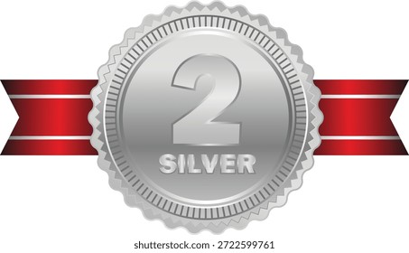 Silver second place award badge with red ribbon, representing achievement, excellence, and competition success. Ideal for winner and ranking concepts.