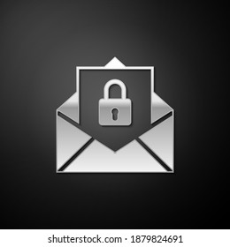 Silver Secure mail icon isolated on black background. Mailing envelope locked with padlock. Long shadow style. Vector.