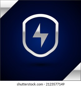 Silver Secure shield with lightning icon isolated on dark blue background. Security, safety, protection, privacy concept.  Vector