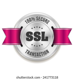 Silver secure transaction badge with purple ribbon on white background
