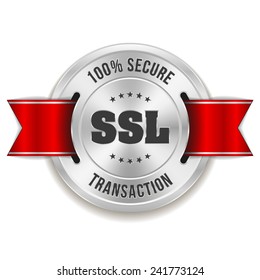 Silver secure transaction badge with red ribbon on white background