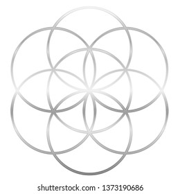 Silver Seed of Life. Precursor of Flower of Life symbol. Unique geometrical figure, composed of seven overlapping circles of same size, forming the symmetrical structure of a hexagon.
