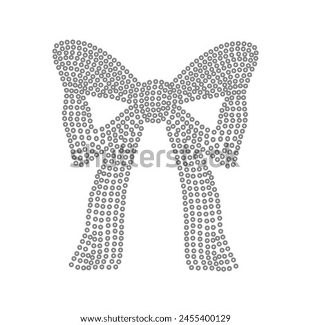 Silver sequined ribbon bow illustration. Decorative sparkling bow graphic with metallic effect for fashion design, glamour style apparel, and festive greeting cards. Isolated vector on white.