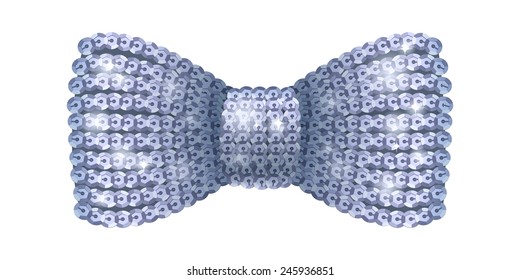Silver sequins bow tie. Glamorous glitter formal wear. Decoration element.