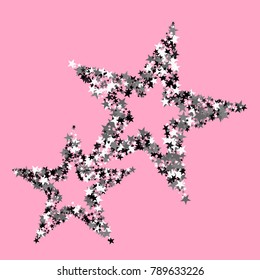 Silver Sequins. Bright Silver Stars on a Pink Background. Modern Fashionable Background. Silver Sequins Background for Wrapping paper, Postcards, Banners, Prints. Abstraction with Silver Stars.