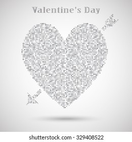 Silver sequins heart with arrow, romantic style. Sparkle, sequin, glitter for Valentines day banner, background, card, poster. Bright texture foil dots. Glisten, luxurious heart symbol Valentine.