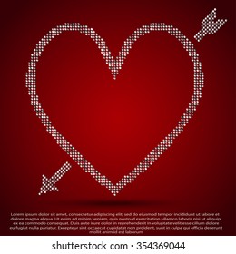 Silver sequins heart with arrow, romantic frame. Sparkle, sequin, glitter for Valentines day banner, background, card, poster. Bright texture foil dots. Glisten, luxurious heart symbol Valentine.