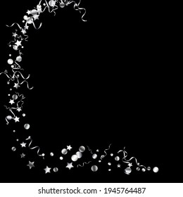 Silver Serpentine Carnival Vector Black Background. Party Streamer Poster. Confetti Abstract Template. Silver Festive Plant.