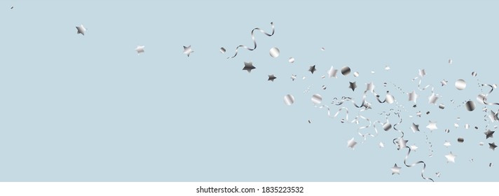 Silver Serpentine Celebrate Vector Panoramic Blue Background. Paper Ribbon Poster. Streamer Swirl Illustration. Silver Carnival Invitation.