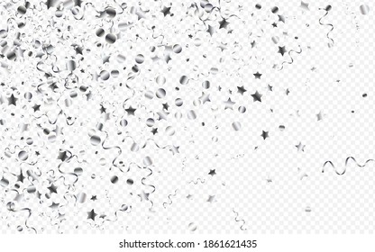 Silver Serpentine Celebration Vector Transparent Background. Christmas Streamer Plant. Spiral Happy Invitation. Silver Festive Design.