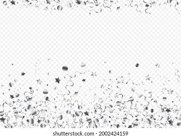 Silver Serpentine Christmas Vector Transparent Background. Abstract Confetti Invitation. Streamer Festive Illustration. Silver Falling Design.