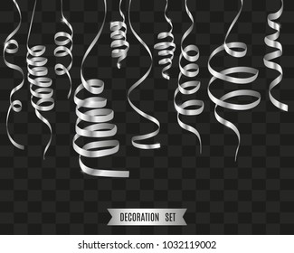 Silver serpentine and confetti isolated on transparent background. Vector illustration.