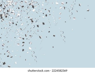Silver Serpentine Falling Vector Blue Background. Party Confetti Design. Star Celebration Illustration. Silver Fun Template.
