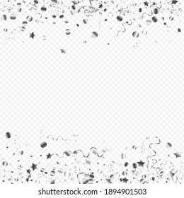 Silver Serpentine Happy Vector Transparent Background. Decoration Ribbon Invitation. Spiral Fun Poster. Silver Celebration Branch.