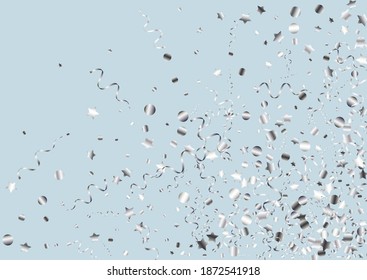 Silver Serpentine Paper Vector Blue Background. Festive Star Plant. Streamer Christmas Invitation. Silver Shiny Template.