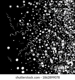 Silver Serpentine Swirl Vector Black Background. Fun Confetti Branch. Streamer Abstract Illustration. Silver Celebration Poster.