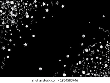 Silver Serpentine Swirl Vector Black Background. Celebrate Star Design. Spiral Falling Invitation. Silver Isolated Poster.