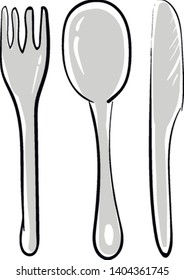 Un conjunto de utensilios de comedor de plata; bifurcación, cuchara, cuchillo, vector, dibujo o ilustración de color.