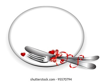 Silver setting with red ribbon and hearts