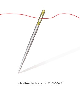 Silver sewing needle with gold top and red fine thread