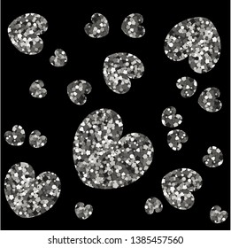 Silver shape of hearts on black background. Vector illustration sequins.