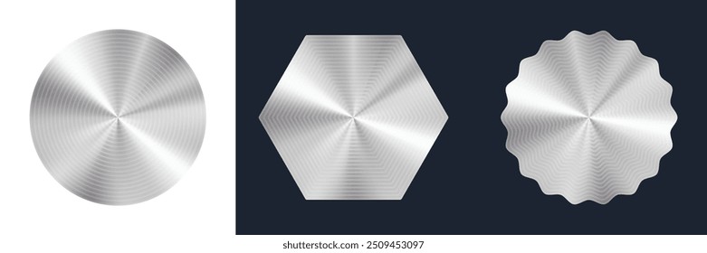 Silver shapes. Vector mesh hologram, metallic foil stamps