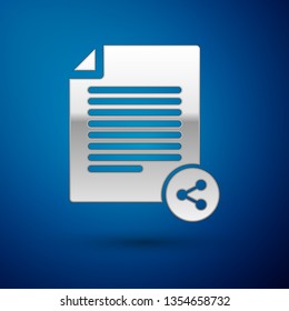 Silver Share file icon isolated on blue background. File sharing. File transfer sign. Vector Illustration