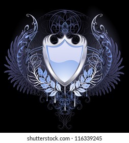 silver shield with angel wings, chimera on a dark background.