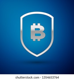 Silver Shield with bitcoin icon isolated on blue background. Cryptocurrency mining, blockchain technology, bitcoin, security, protect, digital money. Vector Illustration