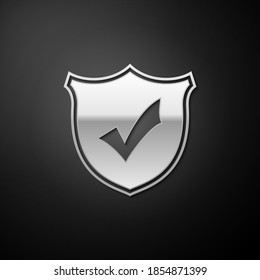 Silver Shield with check mark icon isolated on black background. Long shadow style. Vector.