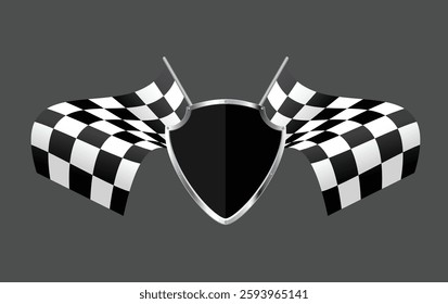 Silver Shield and Checkered Racing Flag Against Dark Background. Racing vector illustration.