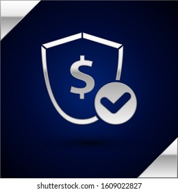 Silver Shield with dollar symbol icon isolated on dark blue background. Security shield protection. Money security concept.  Vector Illustration