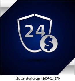 Silver Shield with dollar symbol icon isolated on dark blue background. Security shield protection. Money security concept.  Vector Illustration