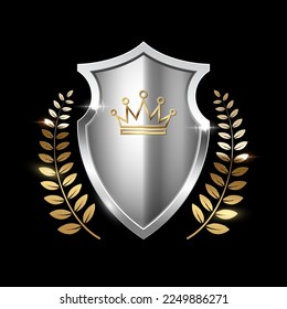 Silver shield with gold crown and laurel wreath. Metal heraldic emblems vector illustration. Retro luxury elements with shining sparkles. Heraldry insignia, antique golden decor on black background.