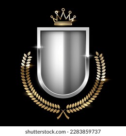Silver shield with gold crown and laurel wreath. Metal heraldic emblems vector illustration. Retro luxury elements with shining sparkles. Heraldry insignia, antique golden decor on black background.