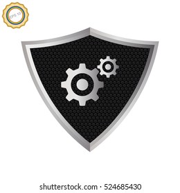 Silver shield. Shield icon with gear.