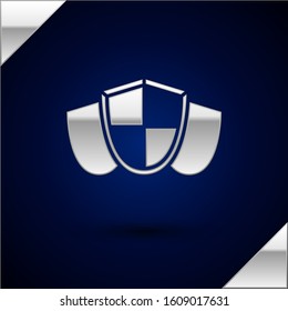 Silver Shield icon isolated on dark blue background. Guard sign. Security, safety, protection, privacy concept.  Vector Illustration