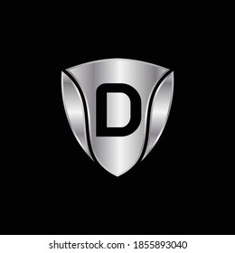 Silver Shield Logo Design for Letter D. Vector Realistic Metallic logo Template Design for Letter D. Silver Metallic Logo.