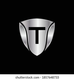 Silver Shield Logo Design for Letter T. Vector Realistic Metallic logo Template Design for Letter T. Silver Metallic Logo. Logo Design for car, safety companies and others.