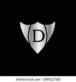 Silver Shield Logo Design for Letter D. Vector Realistic Metallic logo Template Design for Letter D. Silver Metallic Logo. Logo Design for car, safety companies and others.