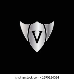 Silver Shield Logo Design for Letter V. Vector Realistic Metallic logo Template Design for Letter V. Silver Metallic Logo. Logo Design for car, safety companies and others.