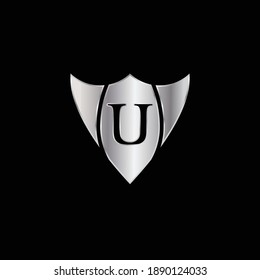 Silver Shield Logo Design for Letter U. Vector Realistic Metallic logo Template Design for Letter U. Silver Metallic Logo. Logo Design for car, safety companies and others.