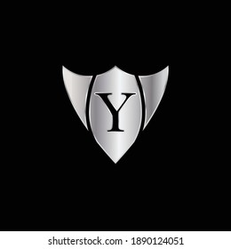 Silver Shield Logo Design for Letter Y. Vector Realistic Metallic logo Template Design for Letter Y. Silver Metallic Logo. Logo Design for car, safety companies and others.