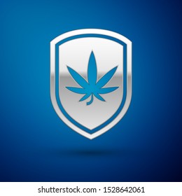 Silver Shield and marijuana or cannabis leaf icon isolated on blue background. Marijuana legalization. Hemp symbol.  Vector Illustration