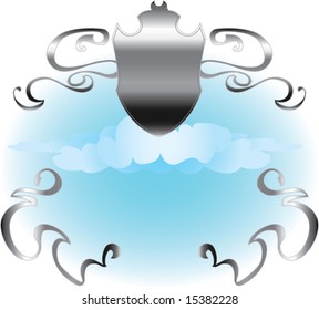 silver shield and ribbon against blue sky white clouds background vector illustration