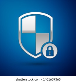 Silver Shield security with lock icon isolated on blue background. Protection, safety, password security. Firewall access privacy sign. Vector Illustration