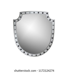 Silver shield shape icon. 3D gray emblem sign isolated on white background. Symbol of security, power, protection. Badge shape shield graphic design Vector illustration
