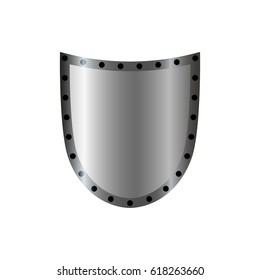 Silver shield shape icon. 3D gray emblem sign isolated on white background. Symbol of security, power, protection. Badge shape shield graphic design Vector illustration