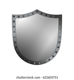 Silver shield shape icon. 3D gray emblem sign isolated on white background. Symbol of security, power, protection. Badge shape shield. Vector illustration