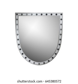 Silver shield shape icon. 3D gray emblem sign isolated on white background. Symbol of security, power, protection. Badge shape shield graphic design Vector illustration